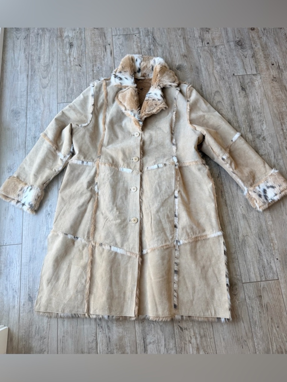 Vtg The Look Randolph Duke Shearling Coat Tan Suede Fur Lined Animal Print Long